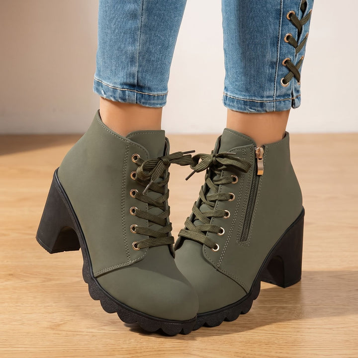 Stiefeletten Damen Blockabsatz Schnürung Schnallendetail Profilsohle