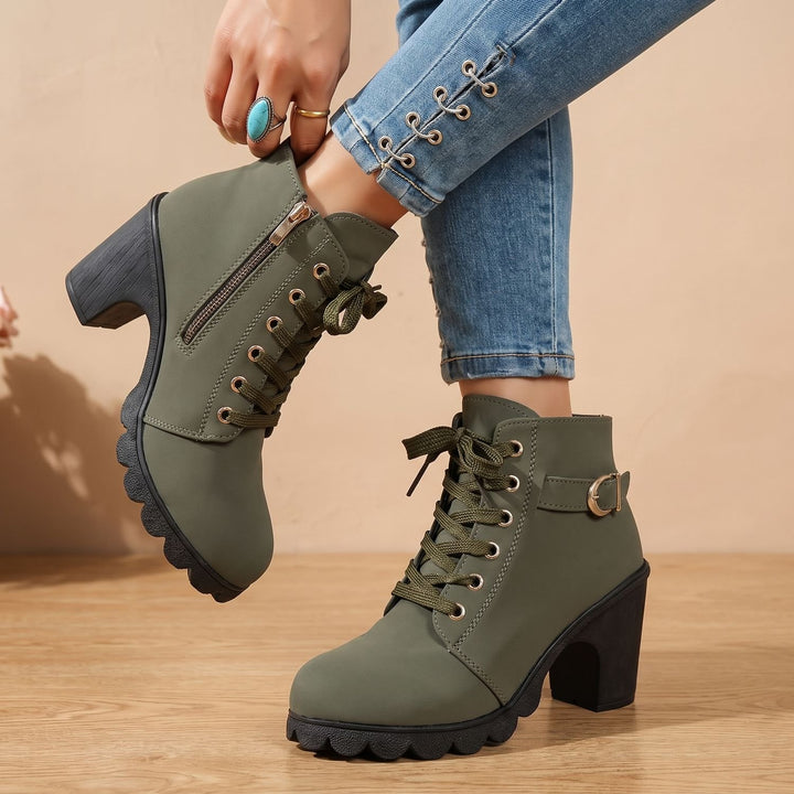 Stiefeletten Damen Blockabsatz Schnürung Schnallendetail Profilsohle - Grün