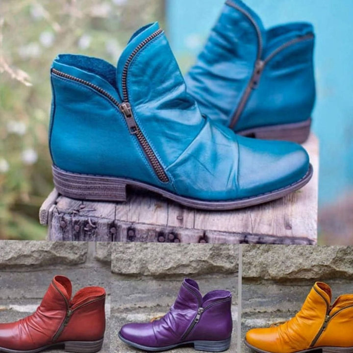 Stiefeletten Damen Gefältelte Leder-Optik Reißverschluss Ankle Boots