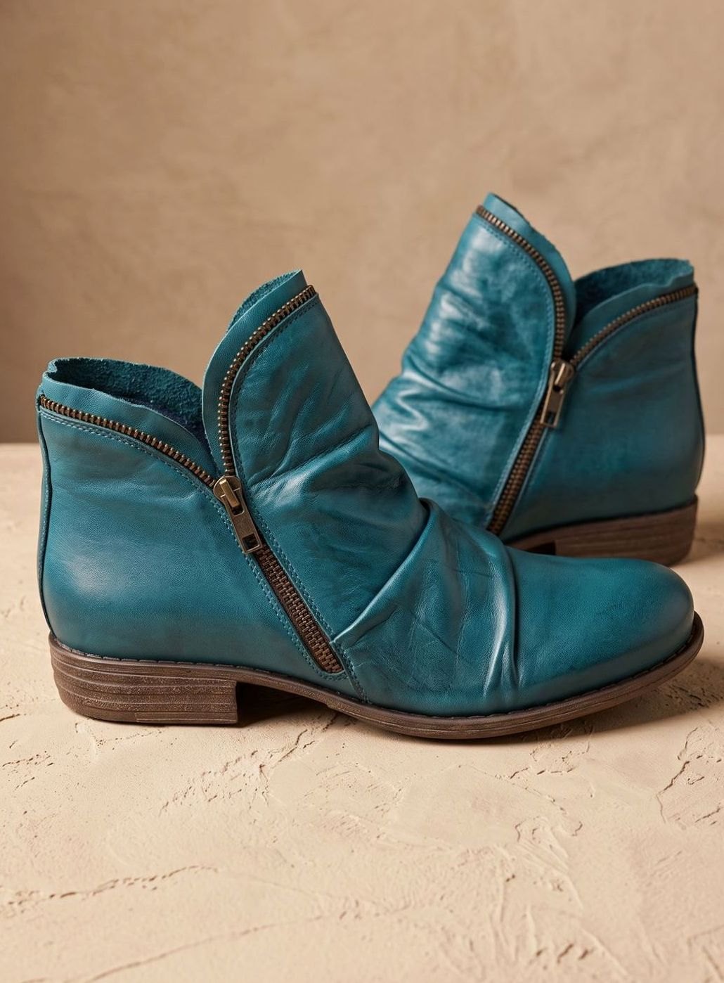 Stiefeletten Damen Gefältelte Leder-Optik Reißverschluss Ankle Boots - Blau