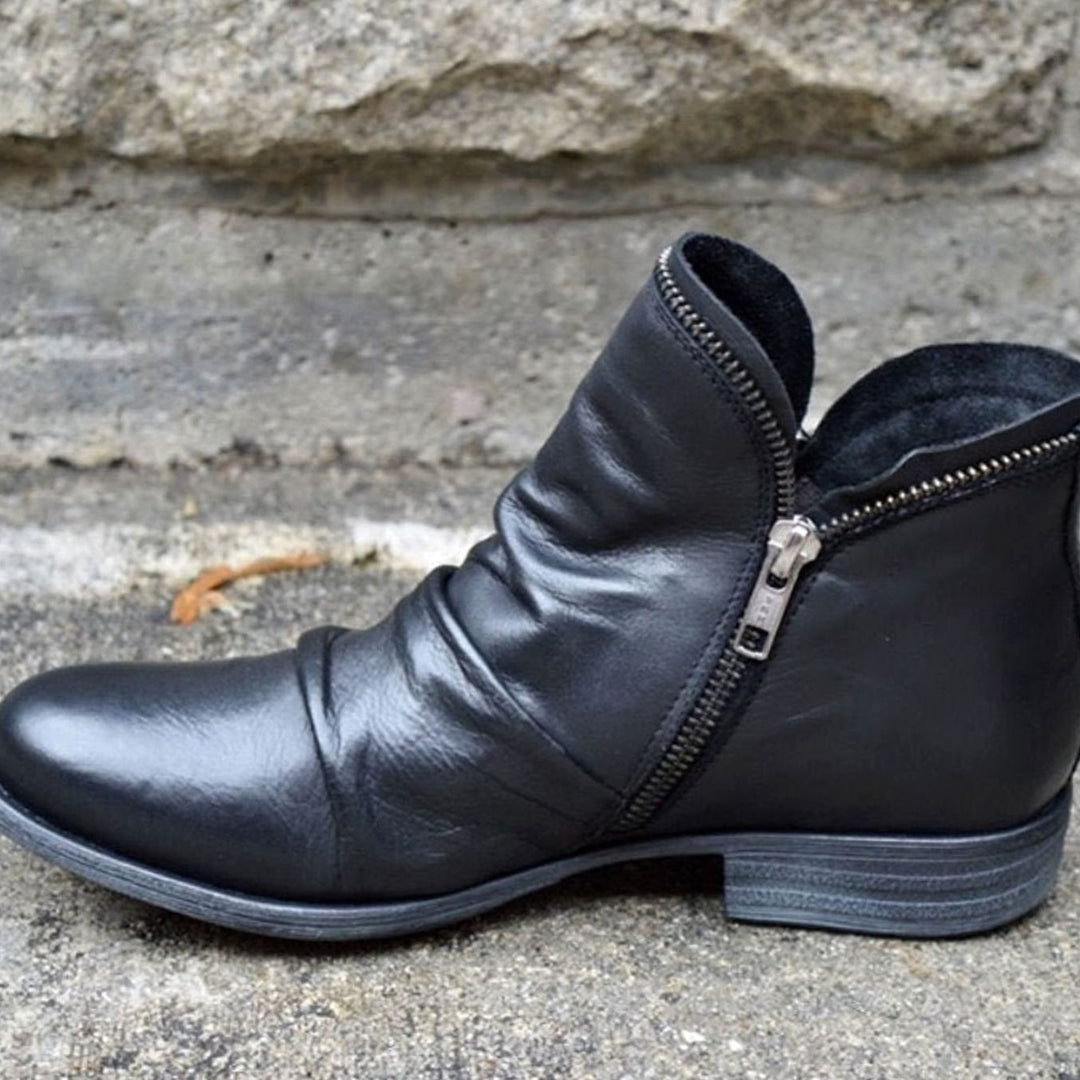 Stiefeletten Damen Gefältelte Leder-Optik Reißverschluss Ankle Boots - Schwarz