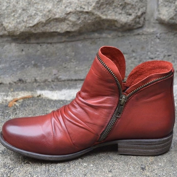 Stiefeletten Damen Gefältelte Leder-Optik Reißverschluss Ankle Boots - Rot