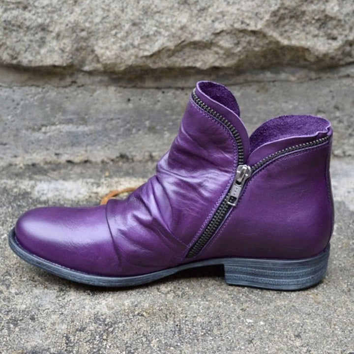 Stiefeletten Damen Gefältelte Leder-Optik Reißverschluss Ankle Boots - Lila