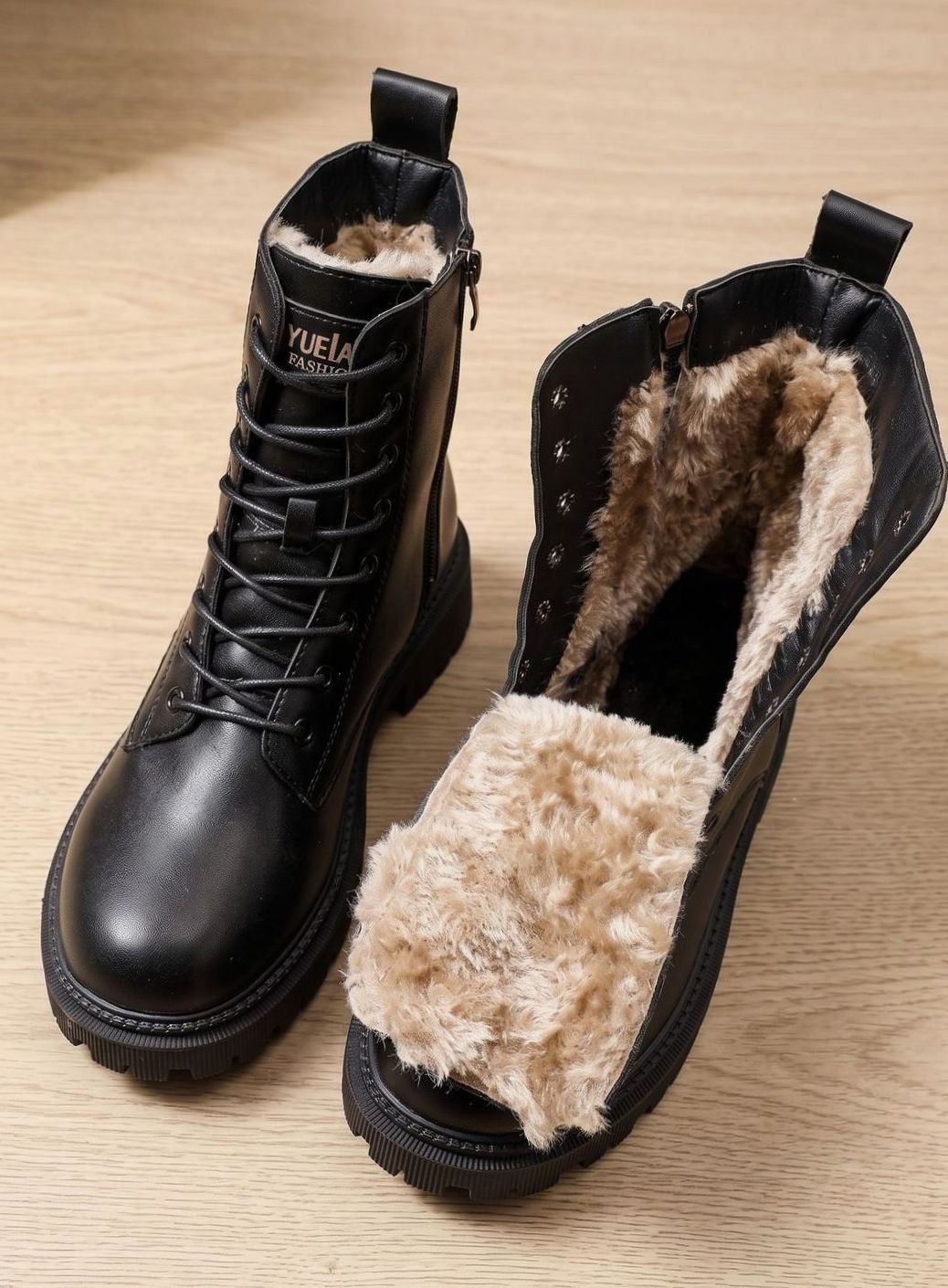 Stiefeletten Damen Gefütterte Schnür-Ankle-Boots PU-Leder Reißverschluss