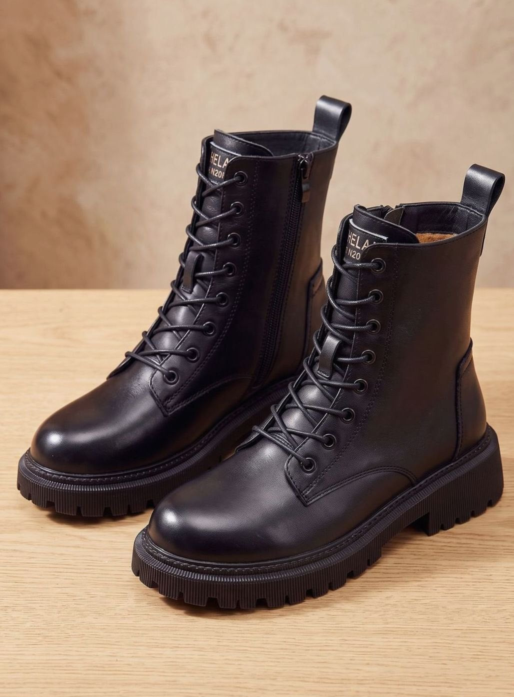 Stiefeletten Damen Gefütterte Schnür-Ankle-Boots PU-Leder Reißverschluss