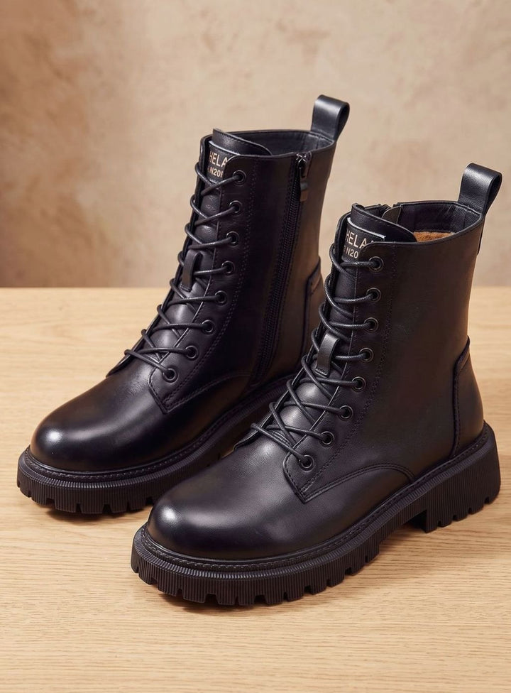 Stiefeletten Damen Gefütterte Schnür-Ankle-Boots PU-Leder Reißverschluss