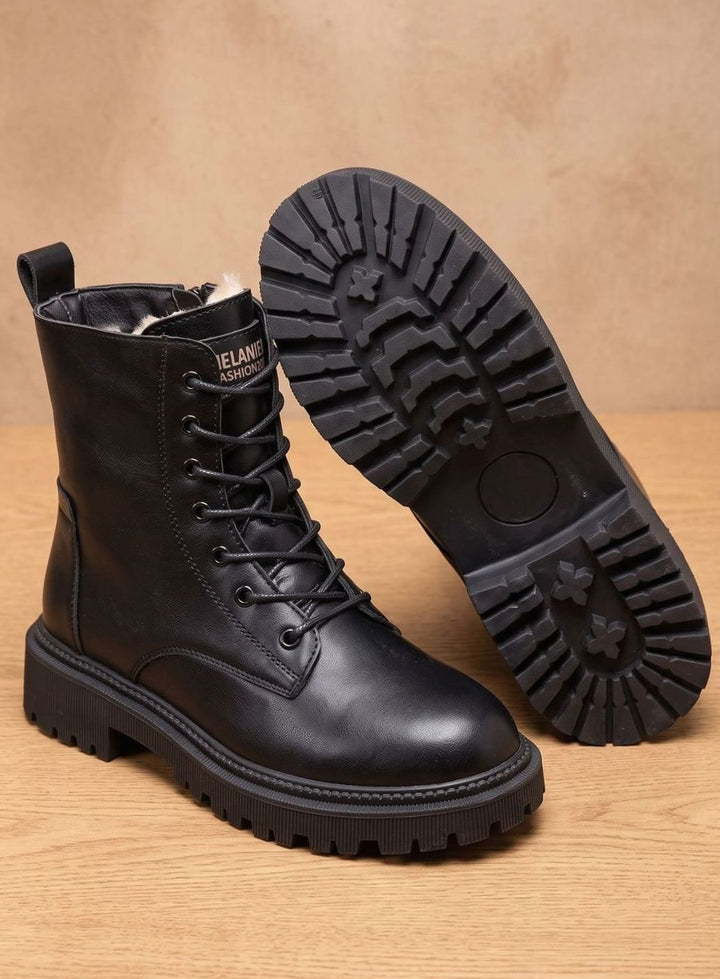 Stiefeletten Damen Gefütterte Schnür-Ankle-Boots PU-Leder Reißverschluss
