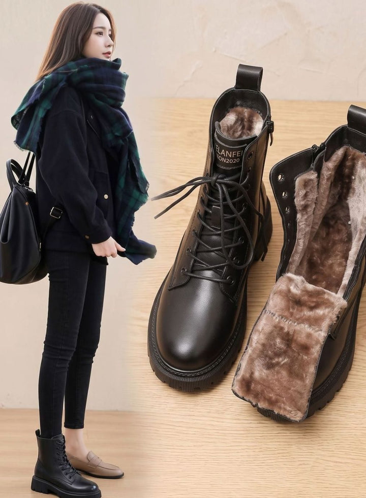 Stiefeletten Damen Gefütterte Schnür-Ankle-Boots PU-Leder Reißverschluss