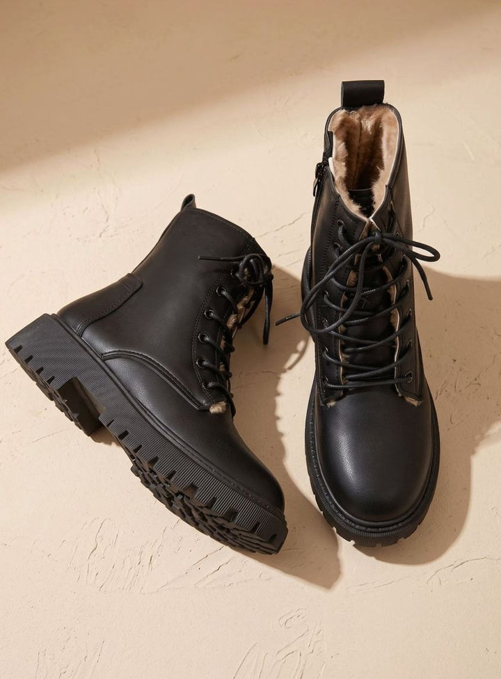 Stiefeletten Damen Gefütterte Schnür-Ankle-Boots PU-Leder Reißverschluss - Schwarz