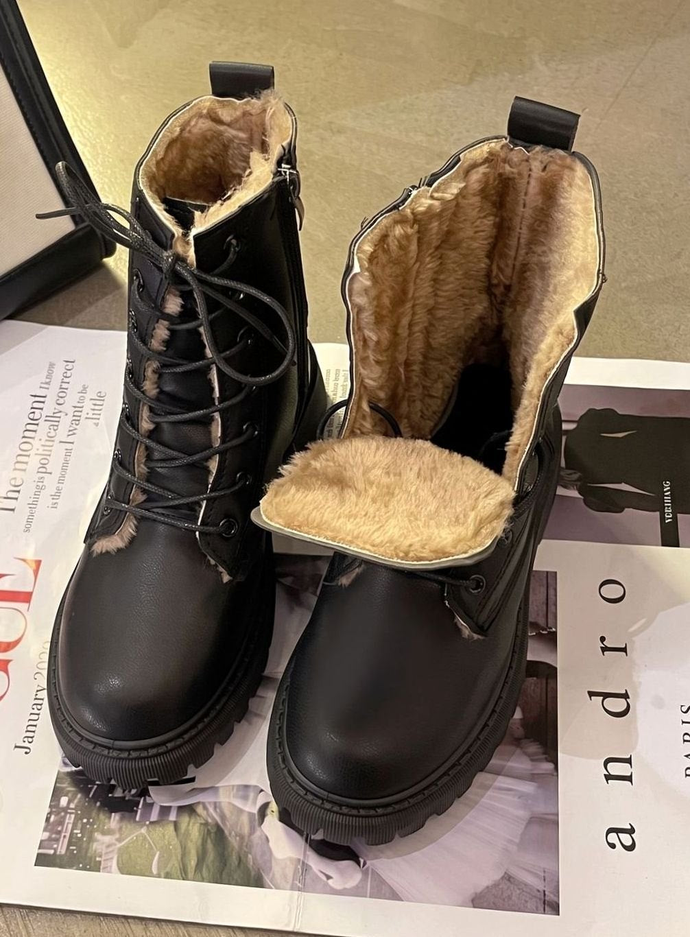 Stiefeletten Damen Gefütterte Schnür-Ankle-Boots PU-Leder Reißverschluss