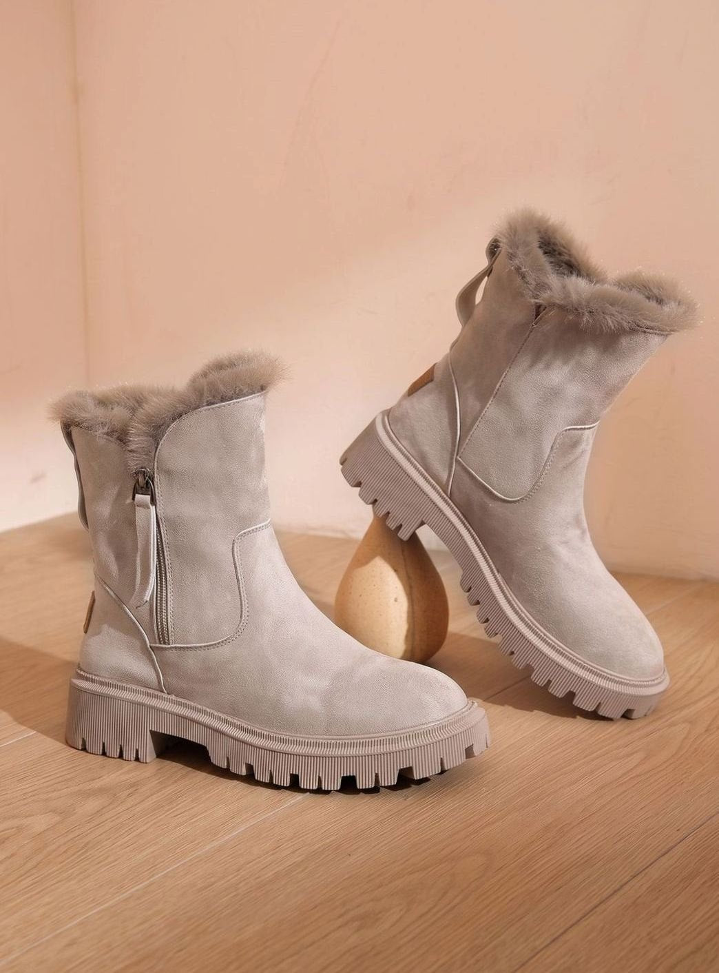 Stiefeletten Damen Gefütterte Winterstiefel Kunstfell Blockabsatz - Aprikose
