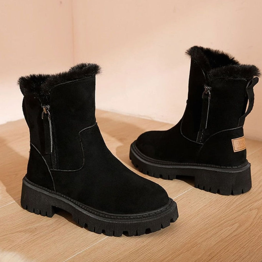 Stiefeletten Damen Gefütterte Winterstiefel Kunstfell Blockabsatz - Schwarz
