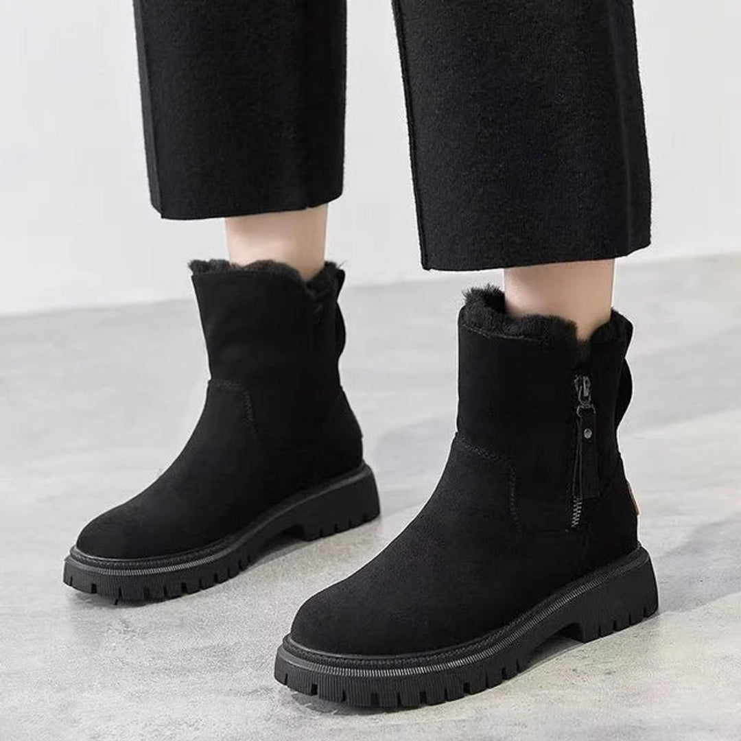 Stiefeletten Damen Gefütterte Winterstiefel mit Reißverschluss Plateau - Schwarz