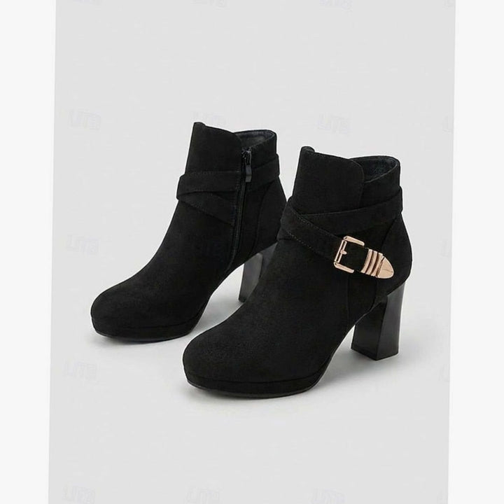 Stiefeletten Damen mit Blockabsatz Wildleder Schnalle Reißverschluss - Schwarz