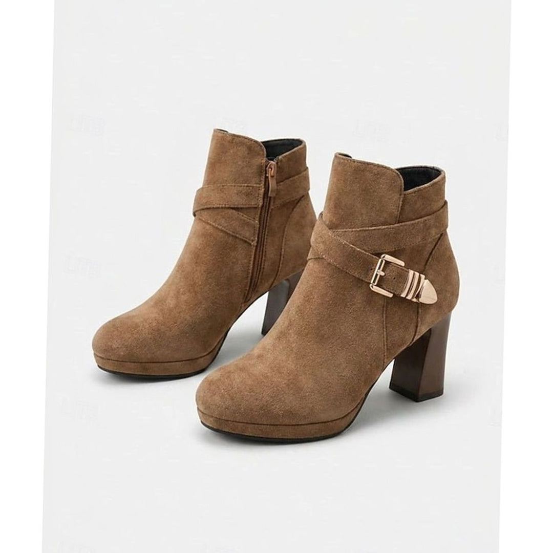 Stiefeletten Damen mit Blockabsatz Wildleder Schnalle Reißverschluss - Hellbraun