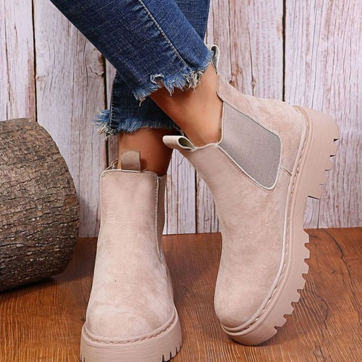 Stiefeletten Damen Plateau Chelsea Boots Wildleder-Optik Slip-on - Aprikose