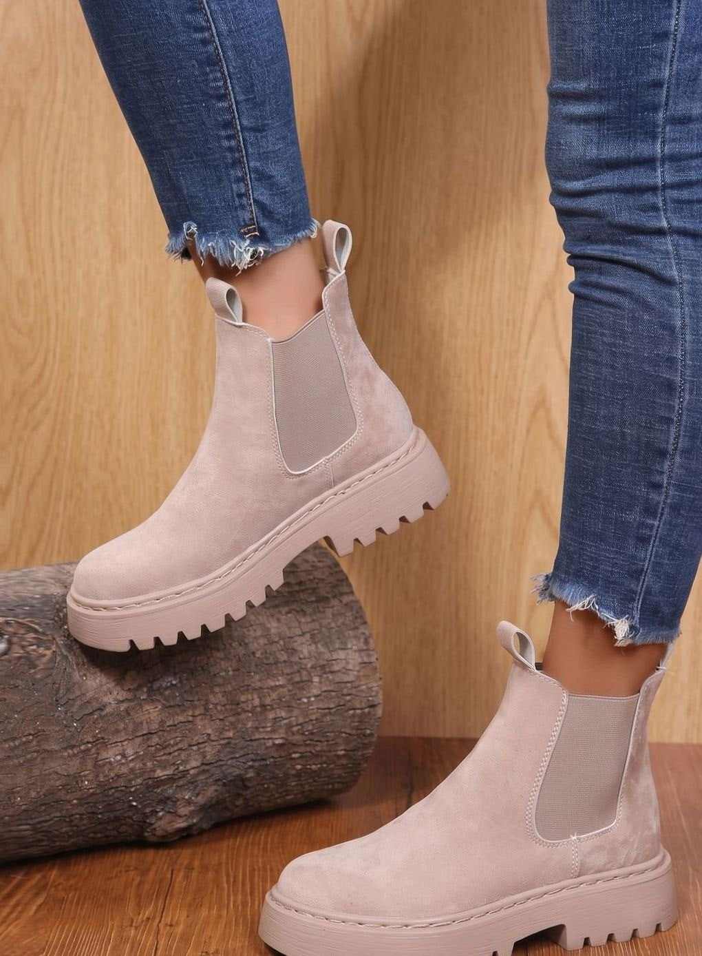 Stiefeletten Damen Plateau Chelsea Boots Wildleder-Optik Slip-on