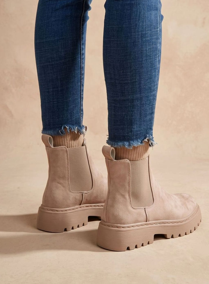 Stiefeletten Damen Plateau Chelsea Boots Wildleder-Optik Slip-on