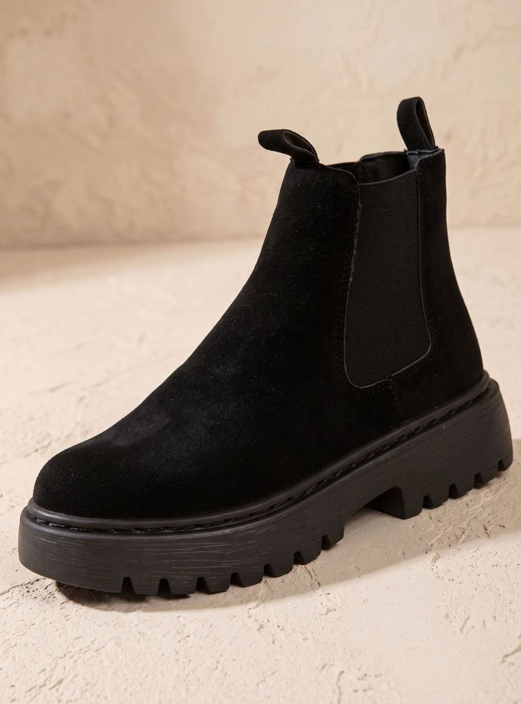 Stiefeletten Damen Plateau Chelsea Boots Wildleder-Optik Slip-on - Schwarz