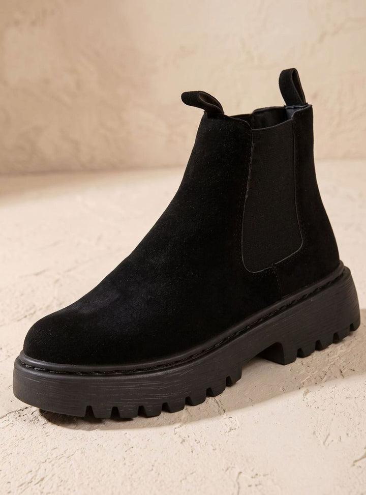 Stiefeletten Damen Plateau Chelsea Boots Wildleder-Optik Slip-on - Schwarz