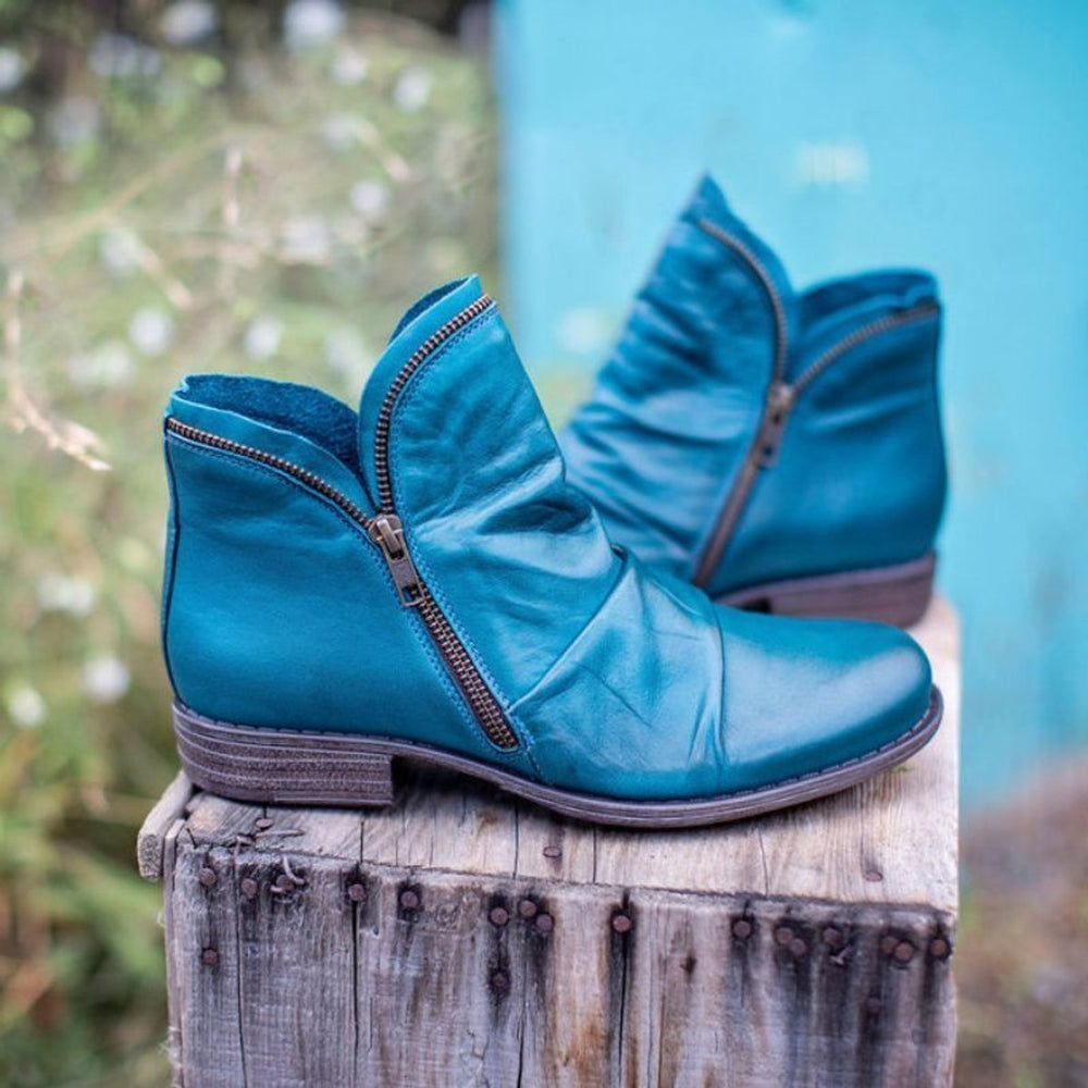 Stiefeletten Damen Reißverschluss Gefältelte Knöchelhohe Herbst Winterstiefel - Blau