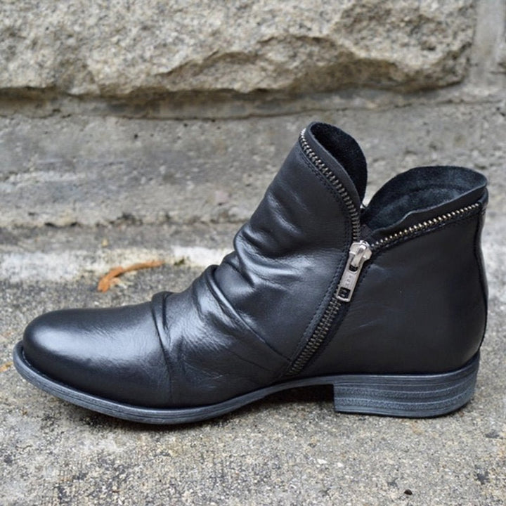 Stiefeletten Damen Reißverschluss Gefältelte Knöchelhohe Herbst Winterstiefel - Schwarz