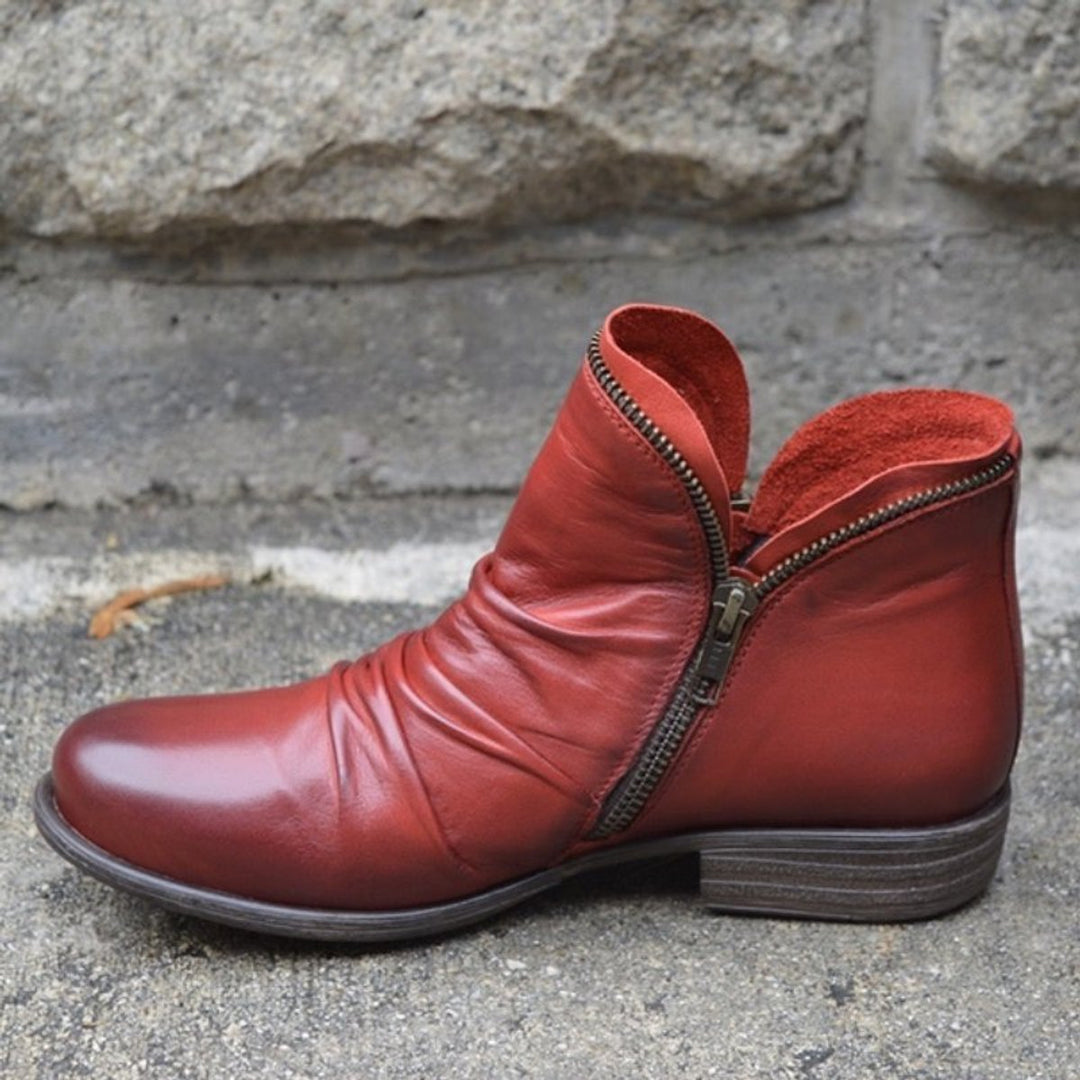 Stiefeletten Damen Reißverschluss Gefältelte Knöchelhohe Herbst Winterstiefel - Rot