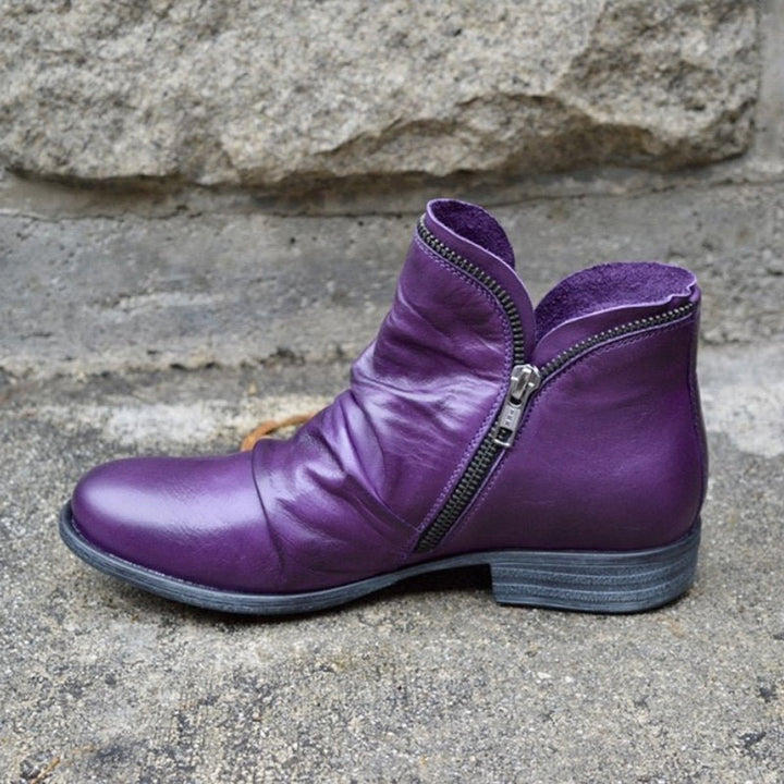 Stiefeletten Damen Reißverschluss Gefältelte Knöchelhohe Herbst Winterstiefel - Lila