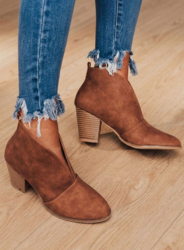 Stiefeletten Damen Spitzer Zehenbereich Blockabsatz Ankle Boots - Braun