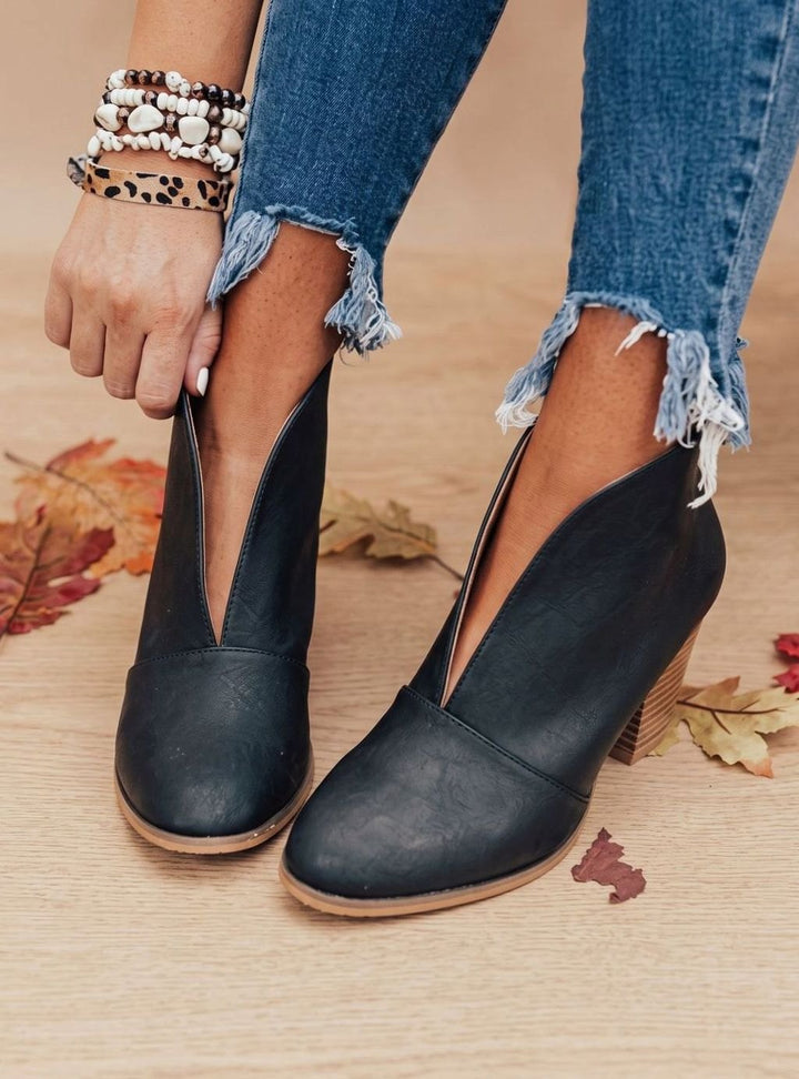 Stiefeletten Damen Spitzer Zehenbereich Blockabsatz Ankle Boots - Schwarz