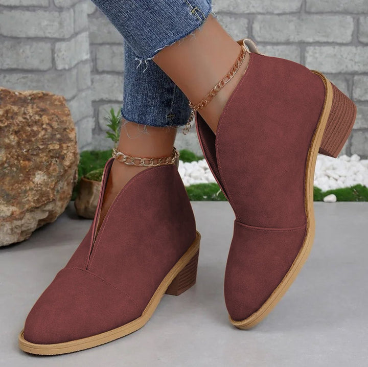 Stiefeletten Damen Spitzer Zehenbereich Blockabsatz Ankle Boots - Weinrot