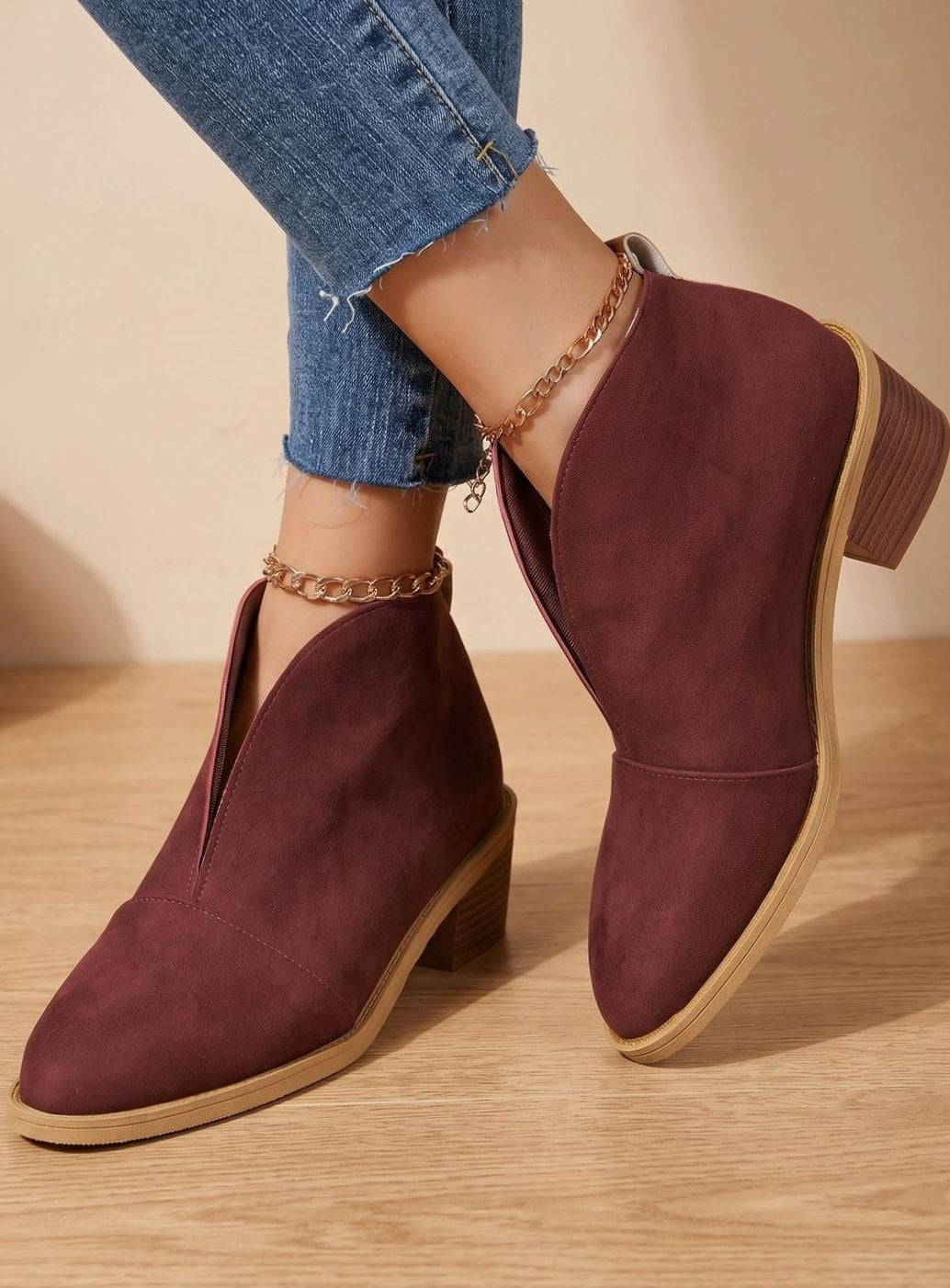 Stiefeletten Damen Spitzer Zehenbereich Blockabsatz Ankle Boots - Weinrot