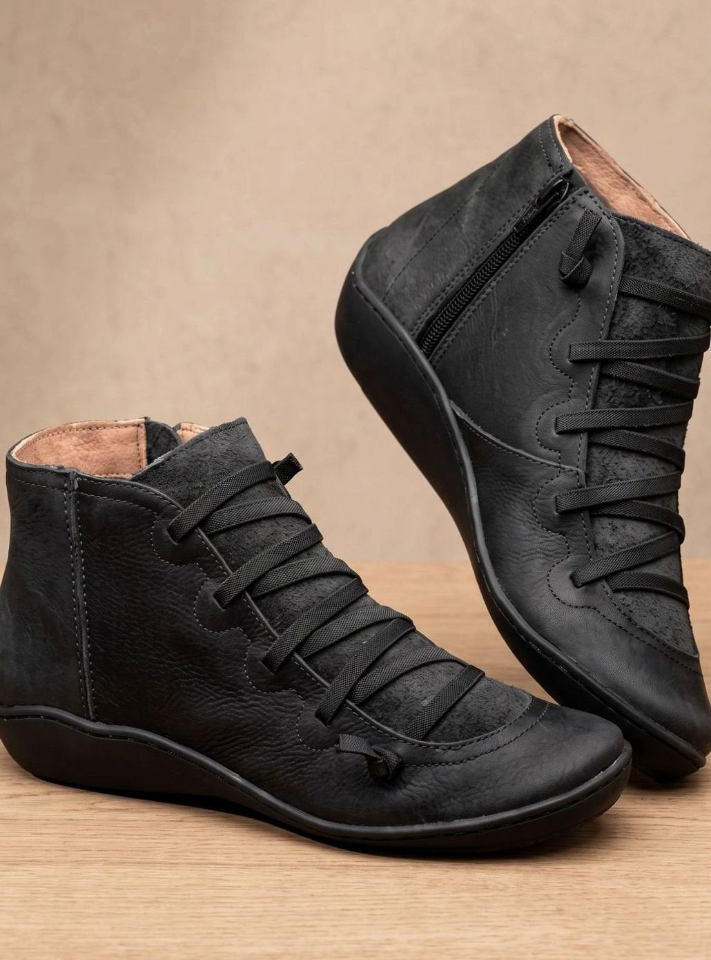 Stiefeletten Damen Wasserdichte Schnürstiefeletten mit Reißverschluss - Schwarz