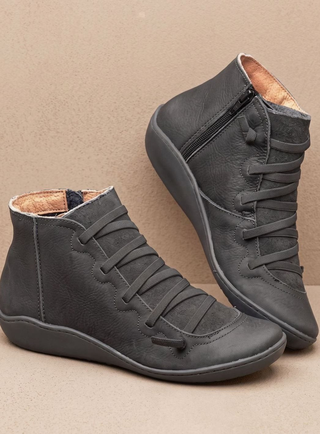 Stiefeletten Damen Wasserdichte Schnürstiefeletten mit Reißverschluss - Grau