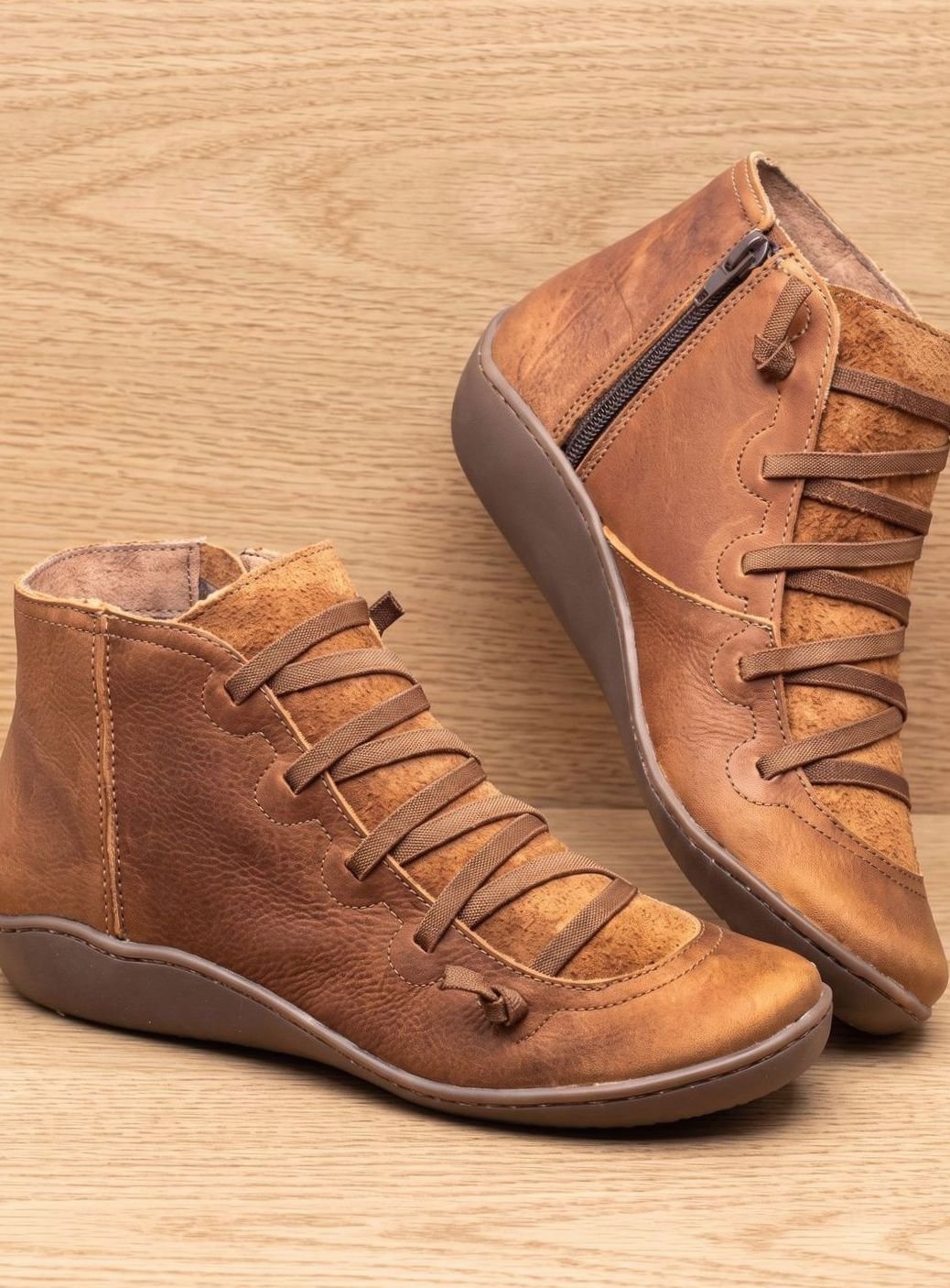 Stiefeletten Damen Wasserdichte Schnürstiefeletten mit Reißverschluss - Rostbraun