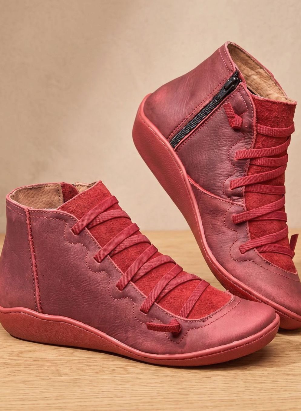 Stiefeletten Damen Wasserdichte Schnürstiefeletten mit Reißverschluss - Rot