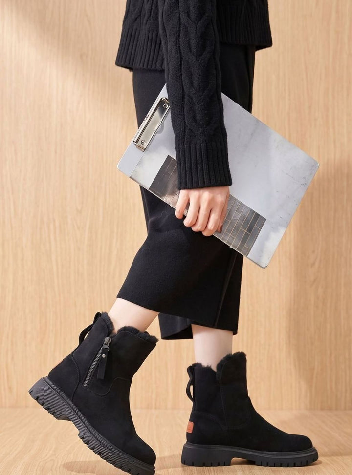 Stiefeletten Damen Wildleder Pelzgefütterte Warme Winterstiefel Reißverschluss
