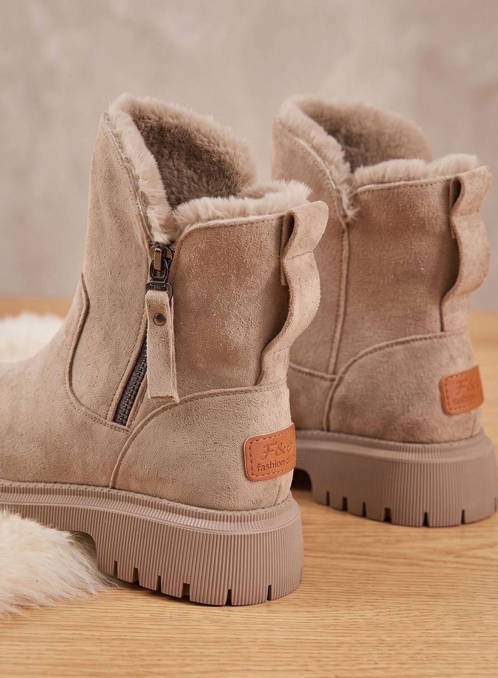 Stiefeletten Damen Wildleder Pelzgefütterte Warme Winterstiefel Reißverschluss - Aprikose