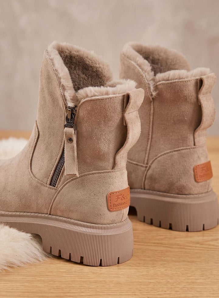 Stiefeletten Damen Wildleder Pelzgefütterte Warme Winterstiefel Reißverschluss - Aprikose