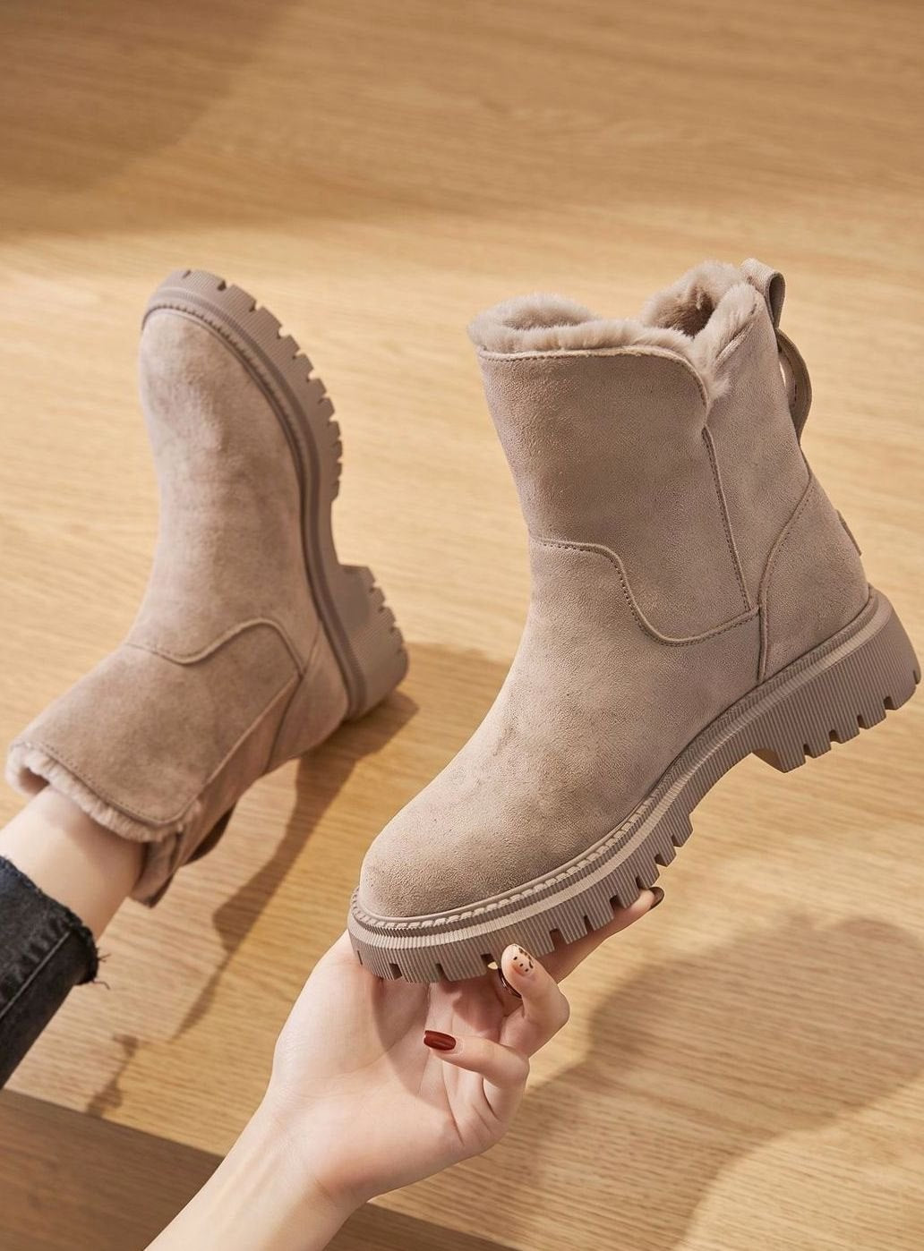 Stiefeletten Damen Wildleder Pelzgefütterte Warme Winterstiefel Reißverschluss