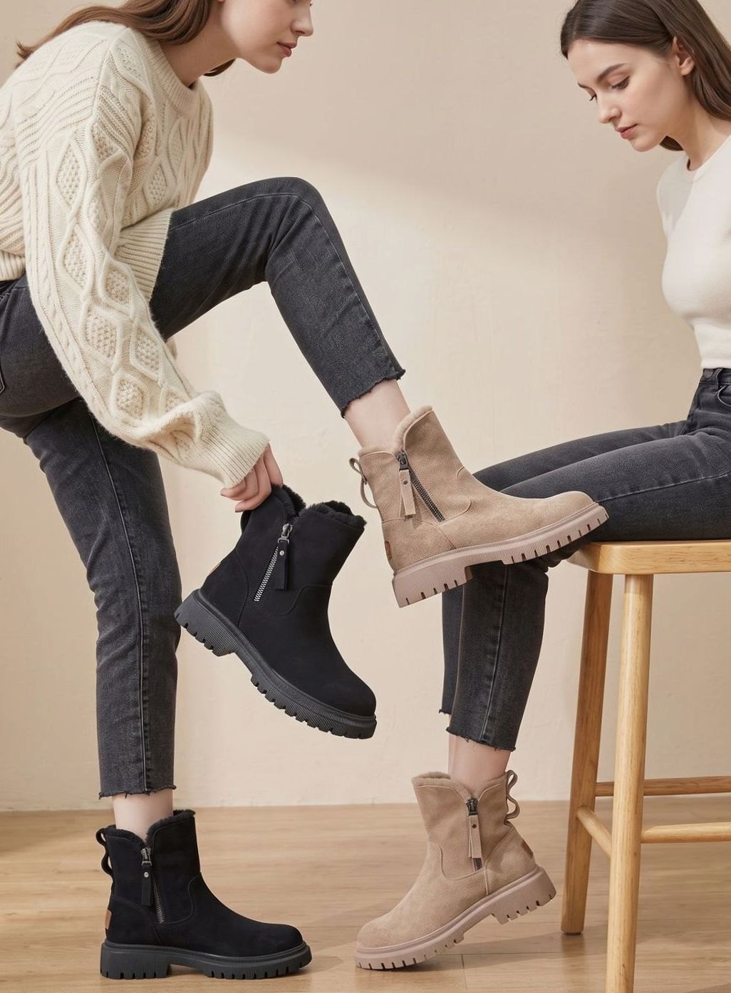 Stiefeletten Damen Wildleder Pelzgefütterte Warme Winterstiefel Reißverschluss