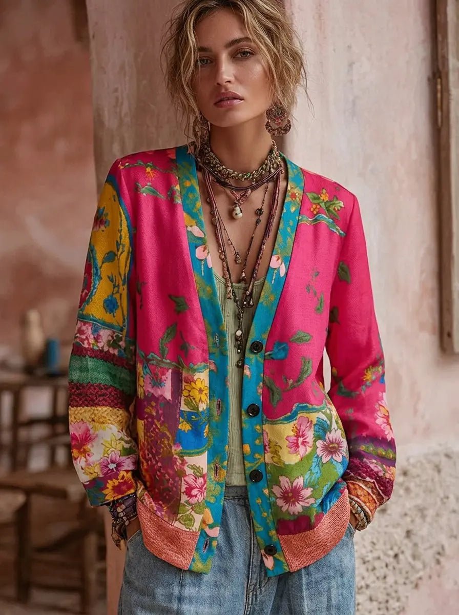 Strickjacke Damen Floraler Patchwork-Cardigan V-Ausschnitt Langarm - Rosa