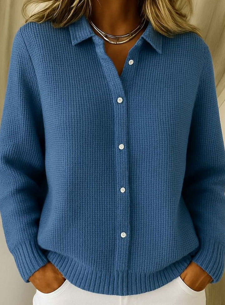 Strickjacke Damen Hemdkragen Tailliert Hüftlang Langarm Cardigan - Dunkelblau