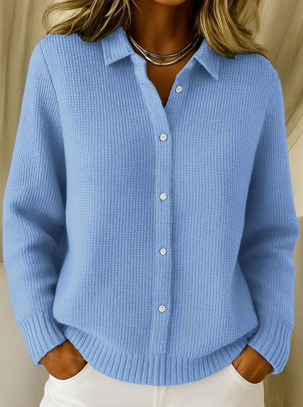Strickjacke Damen Hemdkragen Tailliert Hüftlang Langarm Cardigan - Blau