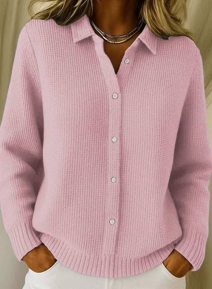Strickjacke Damen Hemdkragen Tailliert Hüftlang Langarm Cardigan - Rosa