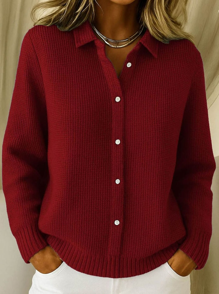 Strickjacke Damen Hemdkragen Tailliert Hüftlang Langarm Cardigan - Rot