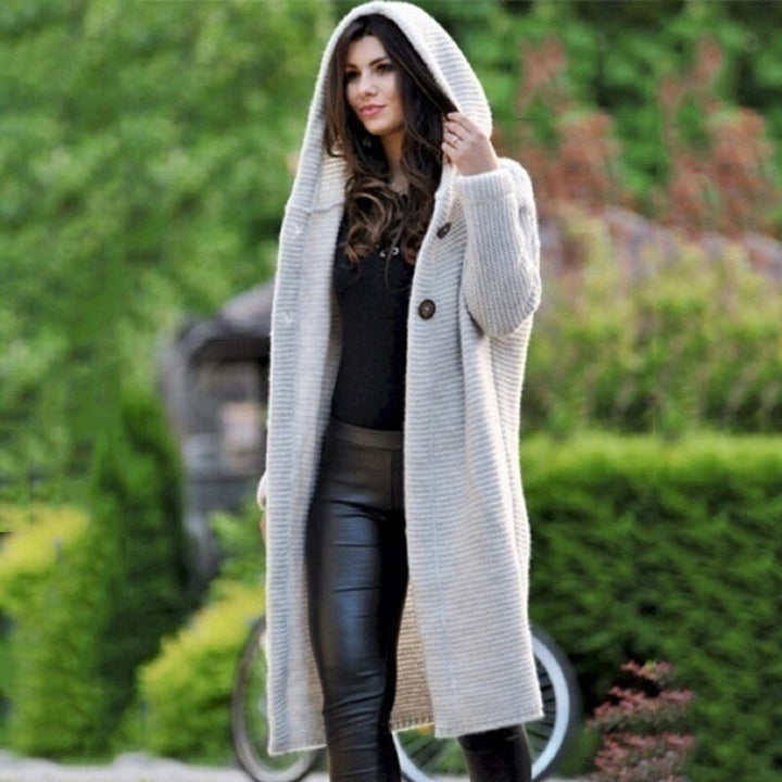 Strickjacke Damen Lang Kapuze Grob Gestrickt Cardigan - Beige
