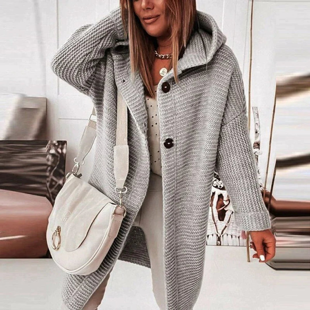 Strickjacke Damen Lang Warm Kapuze Knopfleiste Oversized - Grau