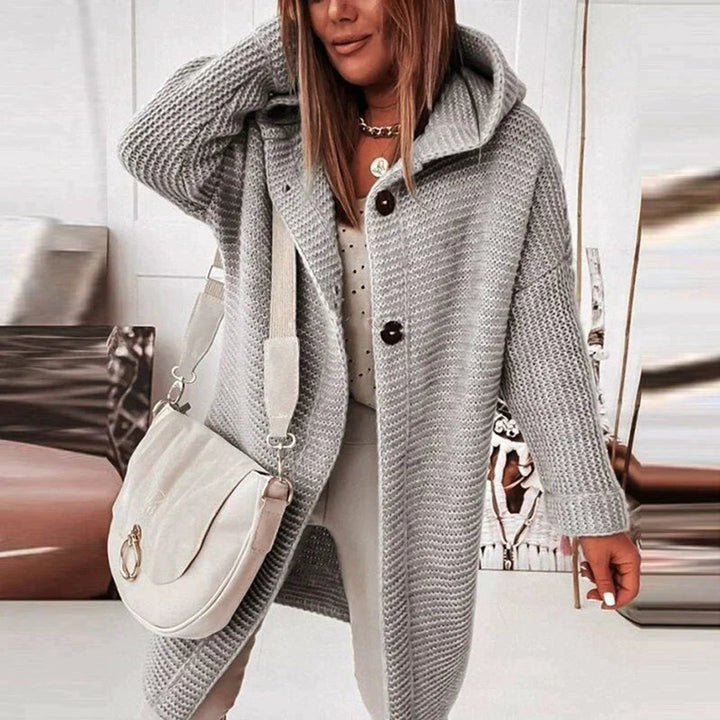 Strickjacke Damen Lang Warm Kapuze Knopfleiste Oversized - Grau