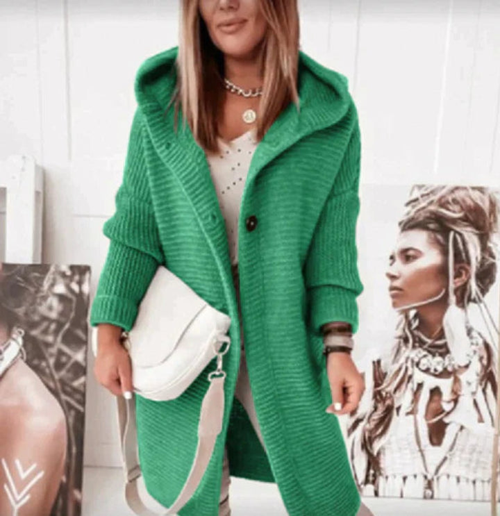 Strickjacke Damen Lang Warm Kapuze Knopfleiste Oversized - Grün